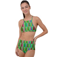 Trees Pattern Retro Pink Red Yellow Holidays Advent Christmas Halter Tankini Set by Maspions