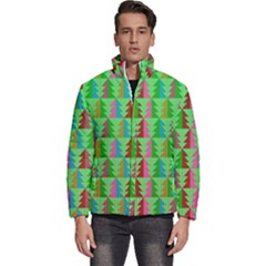 Trees Pattern Retro Pink Red Yellow Holidays Advent Christmas Men s Puffer Bubble Jacket Coat