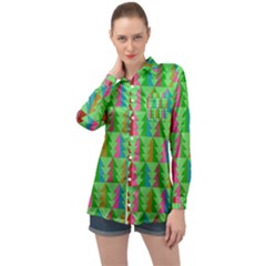 Trees Pattern Retro Pink Red Yellow Holidays Advent Christmas Long Sleeve Satin Shirt