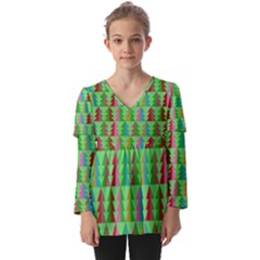 Trees Pattern Retro Pink Red Yellow Holidays Advent Christmas Kids  V Neck Casual Top