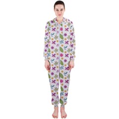 Pattern Flowers Leaves Green Purple Pink Hooded Jumpsuit (ladies)