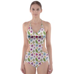 Pattern Flowers Leaves Green Purple Pink Cut-out One Piece Swimsuit by Maspions