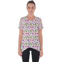 Pattern Flowers Leaves Green Purple Pink Cut Out Side Drop T-shirt by Maspions