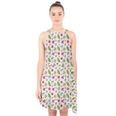 Pattern Flowers Leaves Green Purple Pink Halter Collar Waist Tie Chiffon Dress