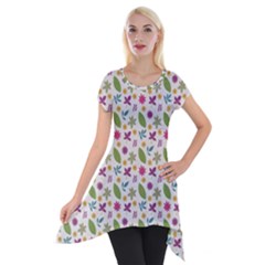 Pattern Flowers Leaves Green Purple Pink Short Sleeve Side Drop Tunic