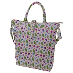 Pattern Flowers Leaves Green Purple Pink Buckle Top Tote Bag