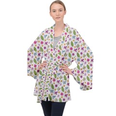 Pattern Flowers Leaves Green Purple Pink Long Sleeve Velvet Kimono 