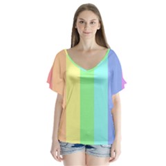 Rainbow Cloud Background Pastel Template Multi Coloured Abstract V-neck Flutter Sleeve Top by Maspions