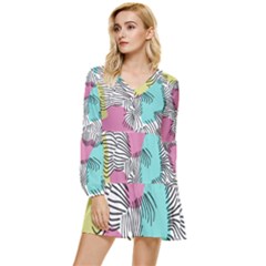 Lines Line Art Pastel Abstract Multicoloured Surfaces Art Tiered Long Sleeve Mini Dress