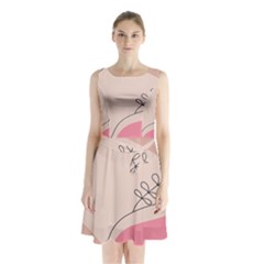 Pink Pattern Line Art Texture Minimalist Design Sleeveless Waist Tie Chiffon Dress