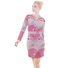 Pink Pattern Line Art Texture Minimalist Design Button Long Sleeve Dress