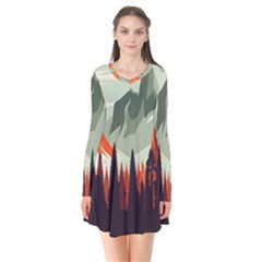 Mountain Travel Canyon Nature Tree Wood Long Sleeve V-neck Flare Dress