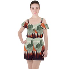 Mountain Travel Canyon Nature Tree Wood Ruffle Cut Out Chiffon Playsuit by Maspions