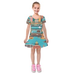 City Painting Town Urban Artwork Kids  Short Sleeve Velvet Dress