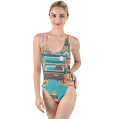 City Painting Town Urban Artwork High Leg Strappy Swimsuit