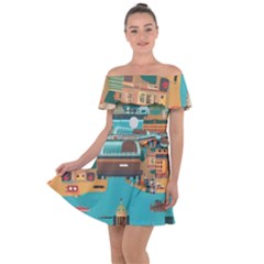 City Painting Town Urban Artwork Off Shoulder Velour Dress