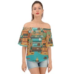 City Painting Town Urban Artwork Off Shoulder Short Sleeve Top by Maspions