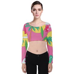 Ocean Watermelon Vibes Summer Surfing Sea Fruits Organic Fresh Beach Nature Velvet Long Sleeve Crop Top by Maspions