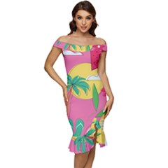 Ocean Watermelon Vibes Summer Surfing Sea Fruits Organic Fresh Beach Nature Off Shoulder Ruffle Split Hem Bodycon Dress