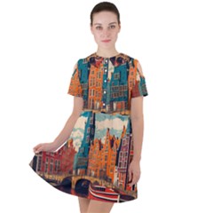 London England Bridge Europe Buildings Architecture Vintage Retro Town City Short Sleeve Shoulder Cut Out Dress  by Maspions