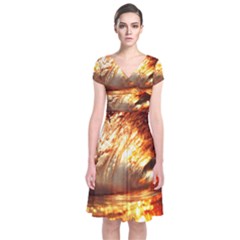 Wave Art Mood Water Sea Beach Short Sleeve Front Wrap Dress