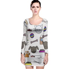 Cat Dog Pet Doodle Cartoon Sketch Cute Kitten Kitty Animal Drawing Pattern Long Sleeve Bodycon Dress