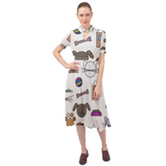 Cat Dog Pet Doodle Cartoon Sketch Cute Kitten Kitty Animal Drawing Pattern Keyhole Neckline Chiffon Dress