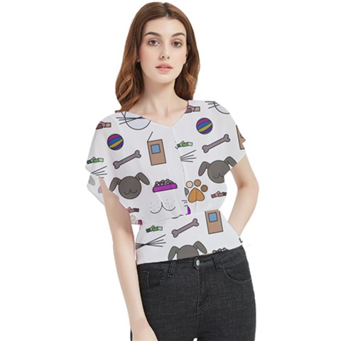 Cat Dog Pet Doodle Cartoon Sketch Cute Kitten Kitty Animal Drawing Pattern Butterfly Chiffon Blouse by Bedest