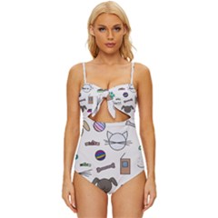 Cat Dog Pet Doodle Cartoon Sketch Cute Kitten Kitty Animal Drawing Pattern Knot Front One-piece Swimsuit by Bedest