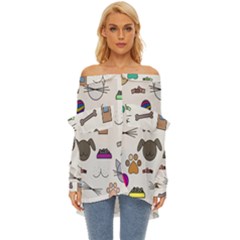 Cat Dog Pet Doodle Cartoon Sketch Cute Kitten Kitty Animal Drawing Pattern Off Shoulder Chiffon Pocket Shirt by Bedest