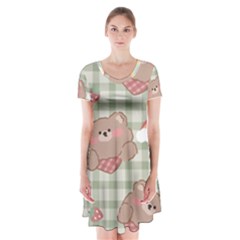 Bear Cartoon Pattern Strawberry Rainbow Nature Animal Cute Design Short Sleeve V-neck Flare Dress