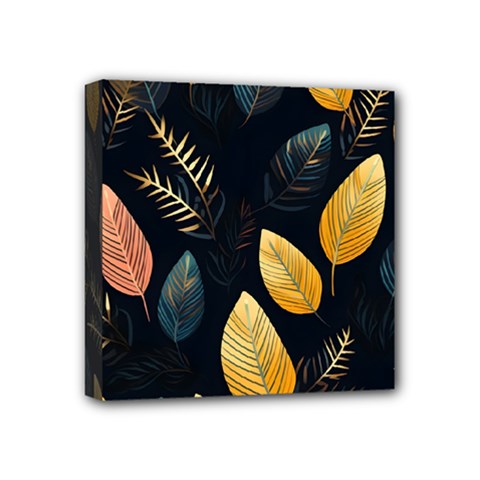 Gold Yellow Leaves Fauna Dark Background Dark Black Background Black Nature Forest Texture Wall Wall Mini Canvas 4  X 4  (stretched) by Bedest