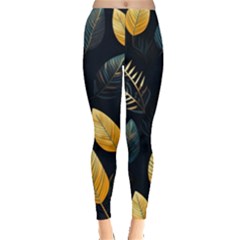 Gold Yellow Leaves Fauna Dark Background Dark Black Background Black Nature Forest Texture Wall Wall Everyday Leggings  by Bedest