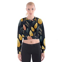 Gold Yellow Leaves Fauna Dark Background Dark Black Background Black Nature Forest Texture Wall Wall Cropped Sweatshirt by Bedest