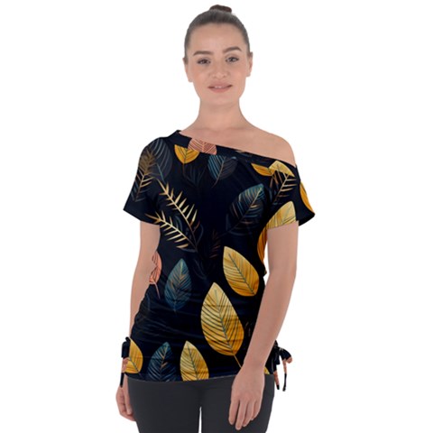 Gold Yellow Leaves Fauna Dark Background Dark Black Background Black Nature Forest Texture Wall Wall Off Shoulder Tie-up T-shirt by Bedest