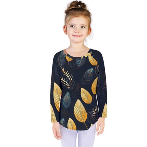 Gold Yellow Leaves Fauna Dark Background Dark Black Background Black Nature Forest Texture Wall Wall Kids  Long Sleeve T-shirt by Bedest