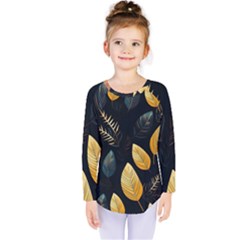 Gold Yellow Leaves Fauna Dark Background Dark Black Background Black Nature Forest Texture Wall Wall Kids  Long Sleeve T-shirt