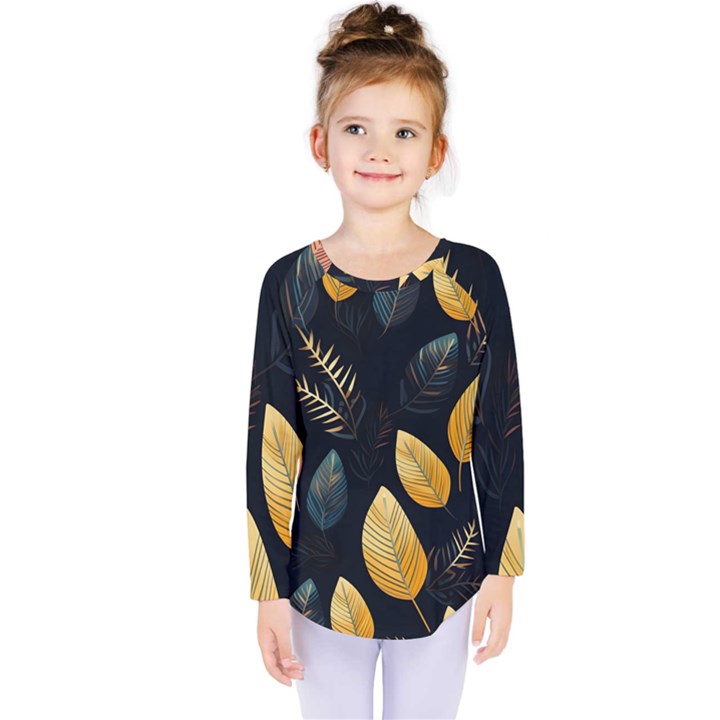 Gold Yellow Leaves Fauna Dark Background Dark Black Background Black Nature Forest Texture Wall Wall Kids  Long Sleeve T-Shirt