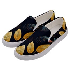 Gold Yellow Leaves Fauna Dark Background Dark Black Background Black Nature Forest Texture Wall Wall Men s Canvas Slip Ons by Bedest