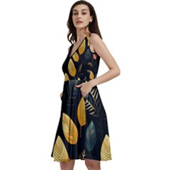 Gold Yellow Leaves Fauna Dark Background Dark Black Background Black Nature Forest Texture Wall Wall Sleeveless V-neck Skater Dress With Pockets by Bedest