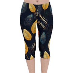 Gold Yellow Leaves Fauna Dark Background Dark Black Background Black Nature Forest Texture Wall Wall Velvet Capri Leggings  by Bedest