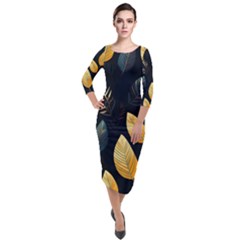 Gold Yellow Leaves Fauna Dark Background Dark Black Background Black Nature Forest Texture Wall Wall Quarter Sleeve Midi Velour Bodycon Dress by Bedest