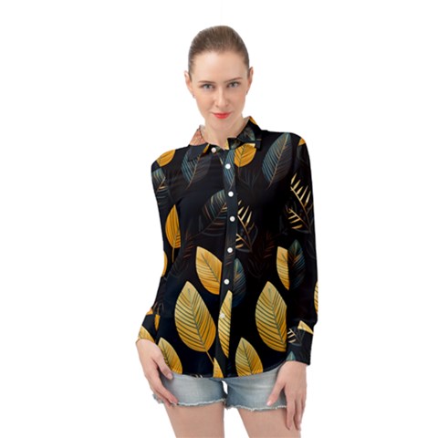 Gold Yellow Leaves Fauna Dark Background Dark Black Background Black Nature Forest Texture Wall Wall Long Sleeve Chiffon Shirt by Bedest