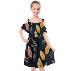 Gold Yellow Leaves Fauna Dark Background Dark Black Background Black Nature Forest Texture Wall Wall Kids  Cut Out Shoulders Chiffon Dress by Bedest