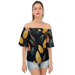 Gold Yellow Leaves Fauna Dark Background Dark Black Background Black Nature Forest Texture Wall Wall Off Shoulder Short Sleeve Top by Bedest