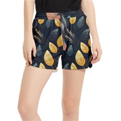 Gold Yellow Leaves Fauna Dark Background Dark Black Background Black Nature Forest Texture Wall Wall Women s Runner Shorts by Bedest