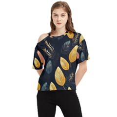 Gold Yellow Leaves Fauna Dark Background Dark Black Background Black Nature Forest Texture Wall Wall One Shoulder Cut Out T-shirt by Bedest