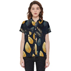 Gold Yellow Leaves Fauna Dark Background Dark Black Background Black Nature Forest Texture Wall Wall Short Sleeve Pocket Shirt by Bedest