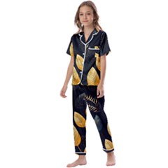 Gold Yellow Leaves Fauna Dark Background Dark Black Background Black Nature Forest Texture Wall Wall Kids  Satin Short Sleeve Pajamas Set by Bedest