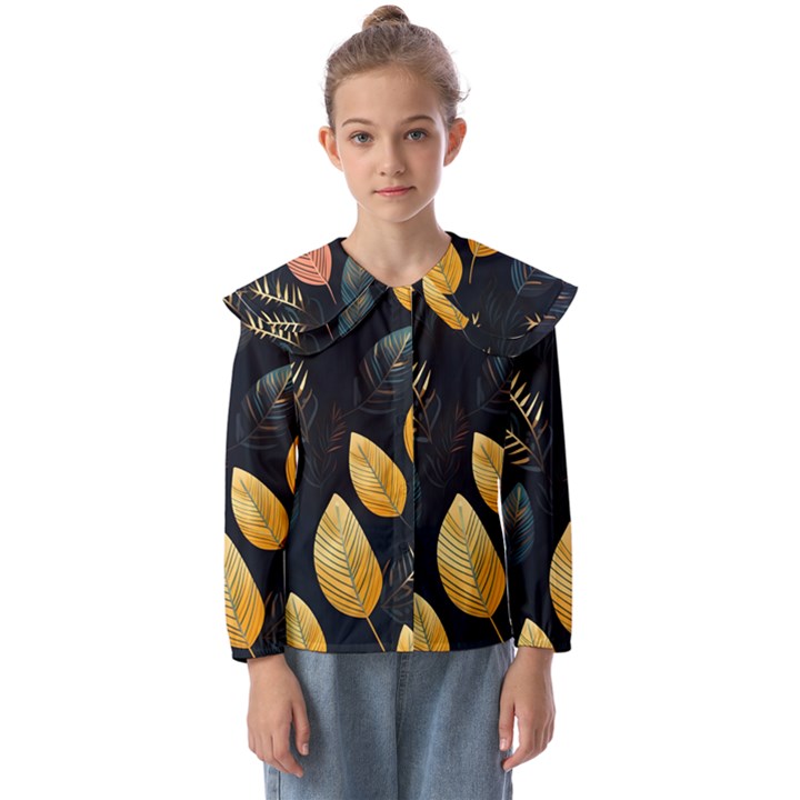 Gold Yellow Leaves Fauna Dark Background Dark Black Background Black Nature Forest Texture Wall Wall Kids  Peter Pan Collar Blouse